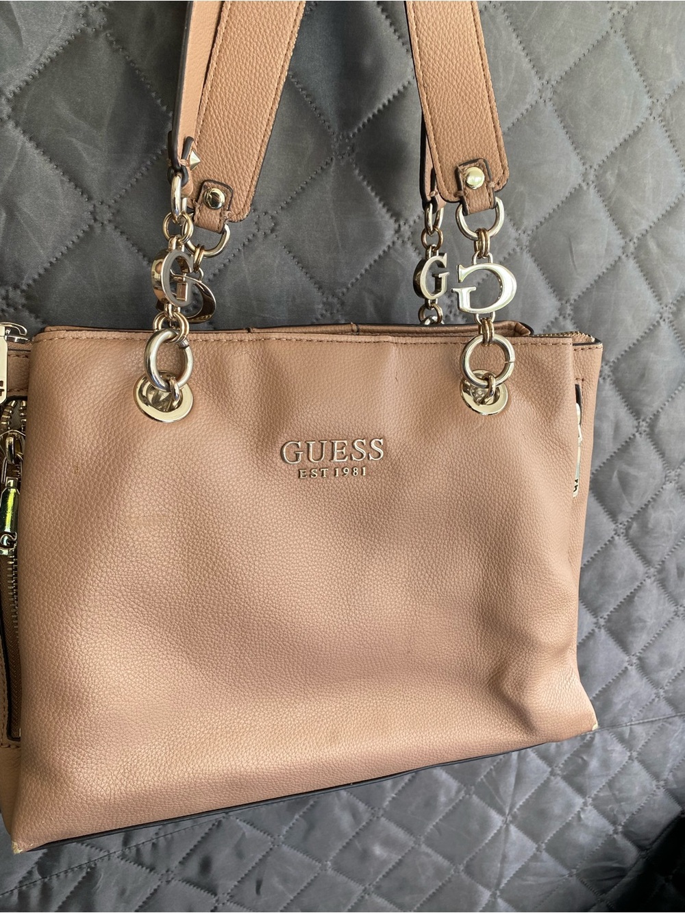GUESS girlfriend -Blush/Tan Pebbled Leather Shoulder Bag with Gold Hardware